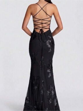 Black Lace-Up Back Floral Embroidered Evening Gown